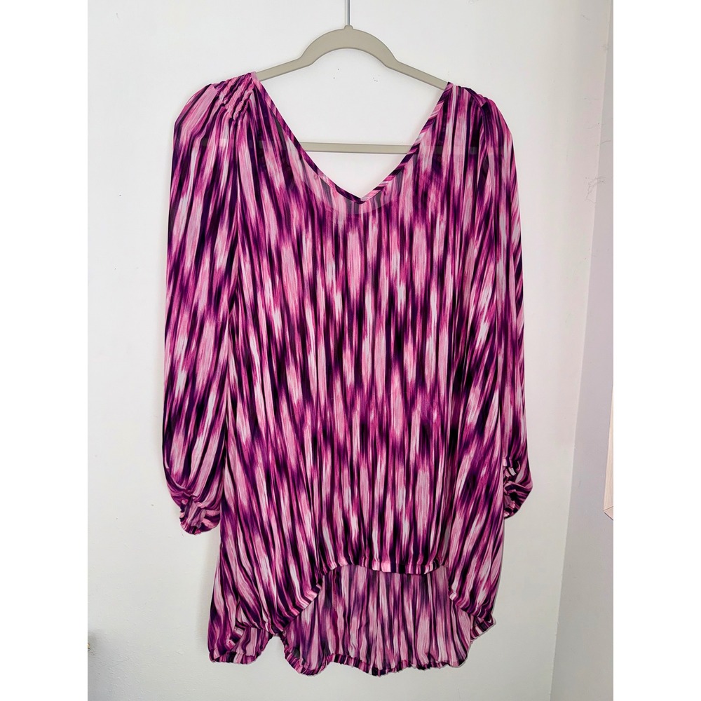 Lane Bryant Womens 26/28 Purple Pink Abstract Ikat V-Neck High Low Tunic Blouse